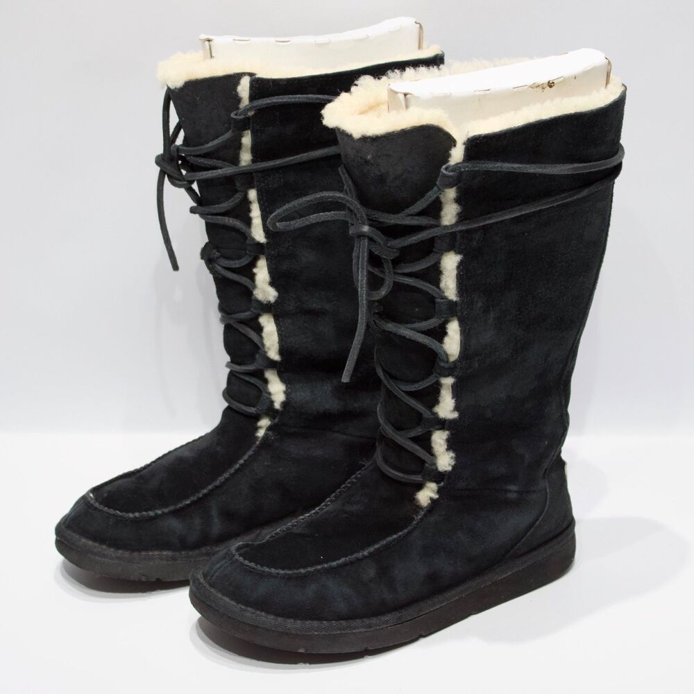 UGG Uptown II Tall Lace-Up Moccasin Winter Boots Black Suede Women Size 8
